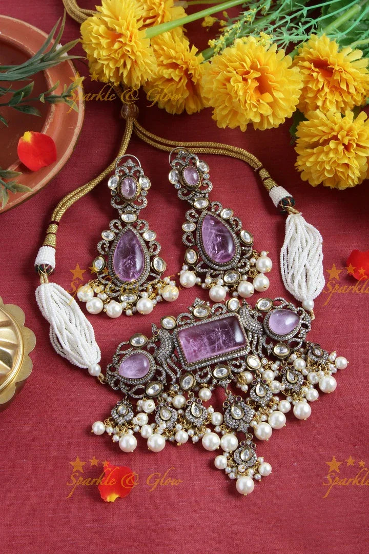 Stunning Natutal Stone Peacock Victorian AD Pearl choker - Green - Sparkle and Glow