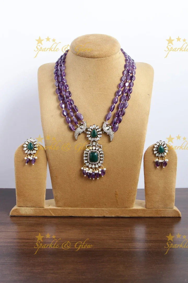 Purple Beads Victorian AD Peacock haram - Sparkle and Glow