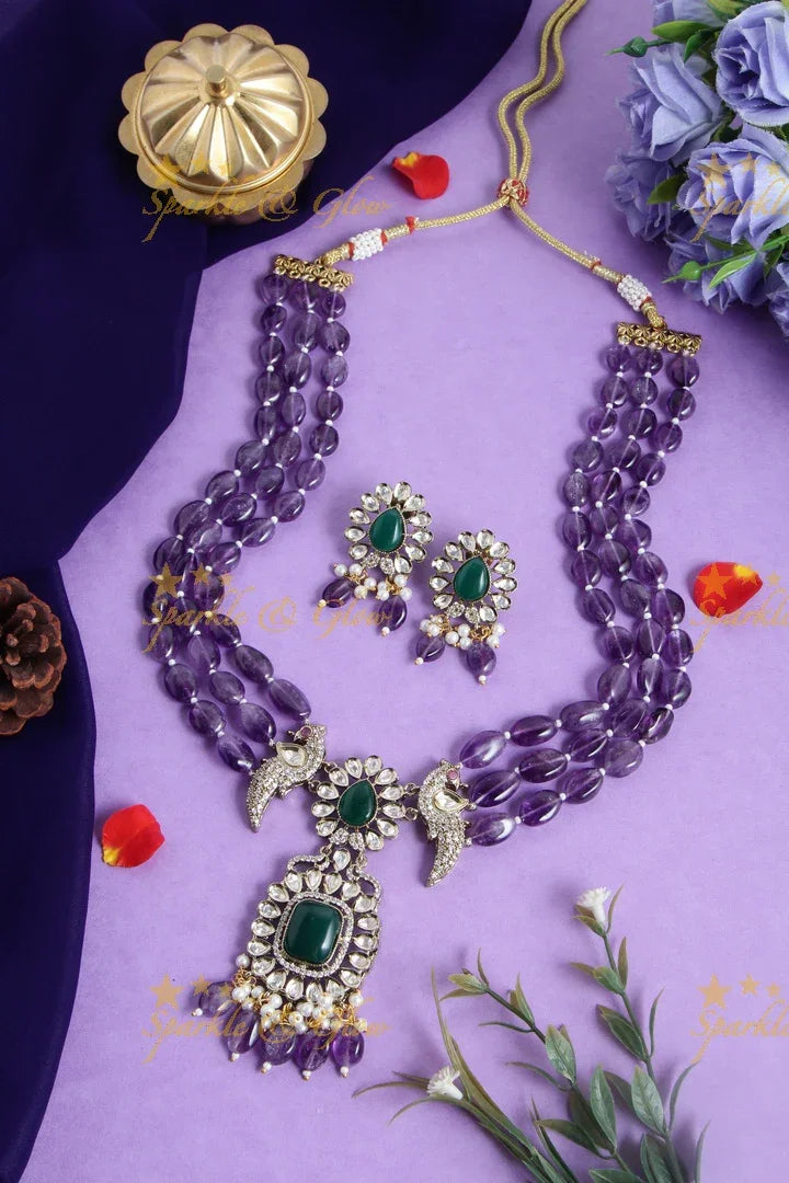Purple Beads Victorian AD Peacock haram - Sparkle and Glow