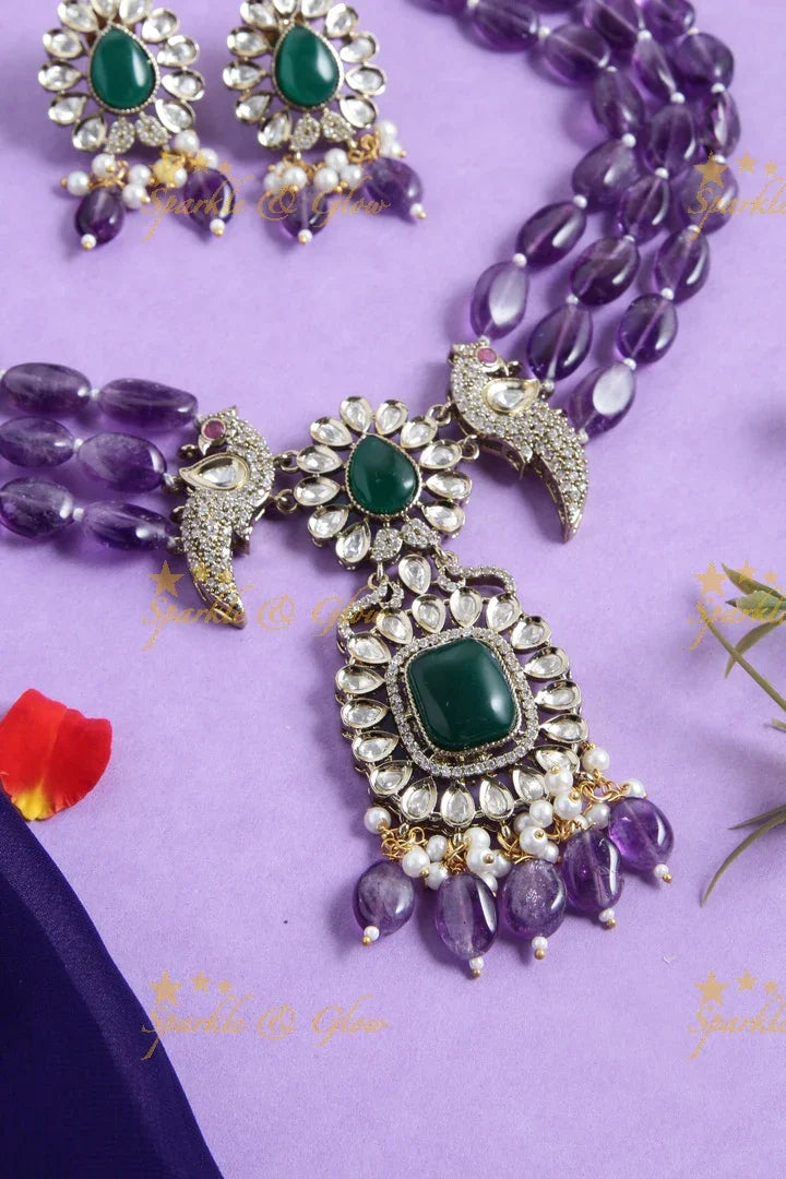 Purple Beads Victorian AD Peacock haram - Sparkle and Glow