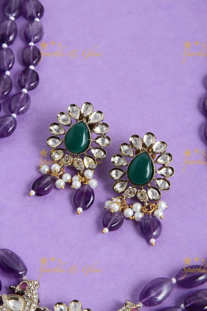 Purple Beads Victorian AD Peacock haram - Sparkle and Glow