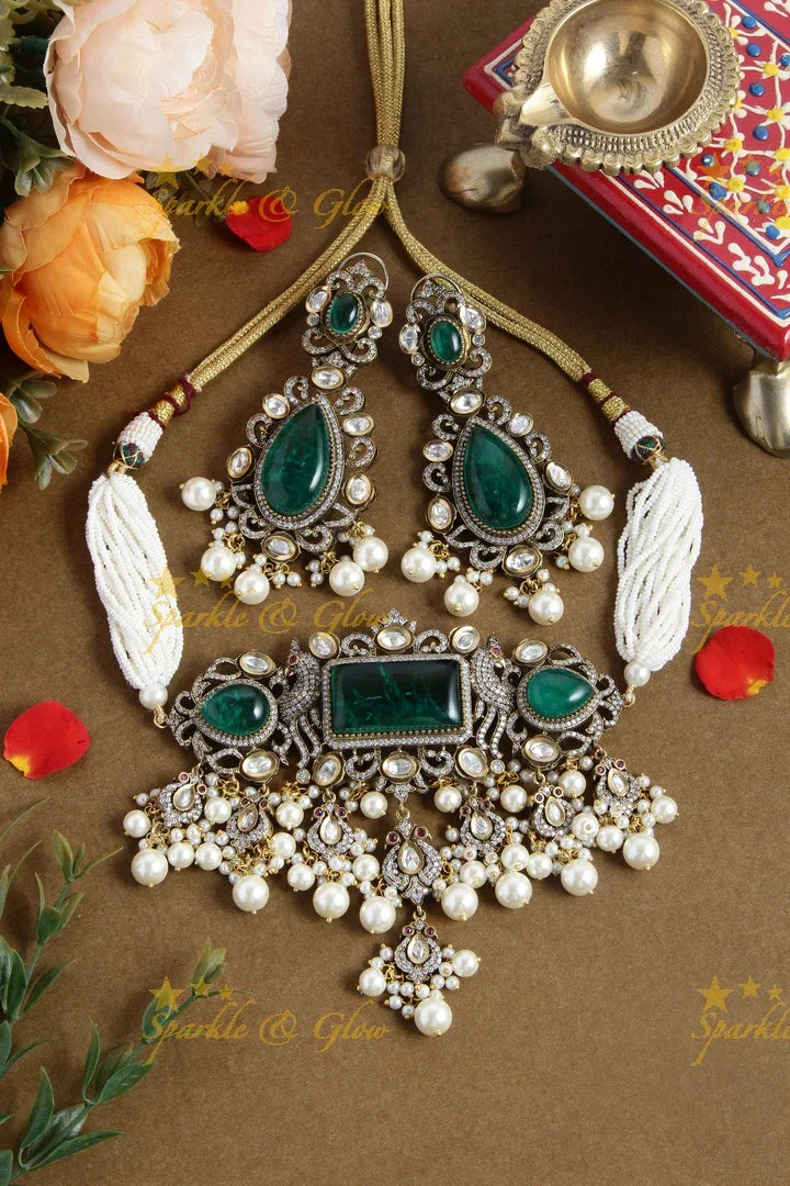 Stunning Natutal Stone Peacock Victorian AD Pearl choker - Green - Sparkle and Glow