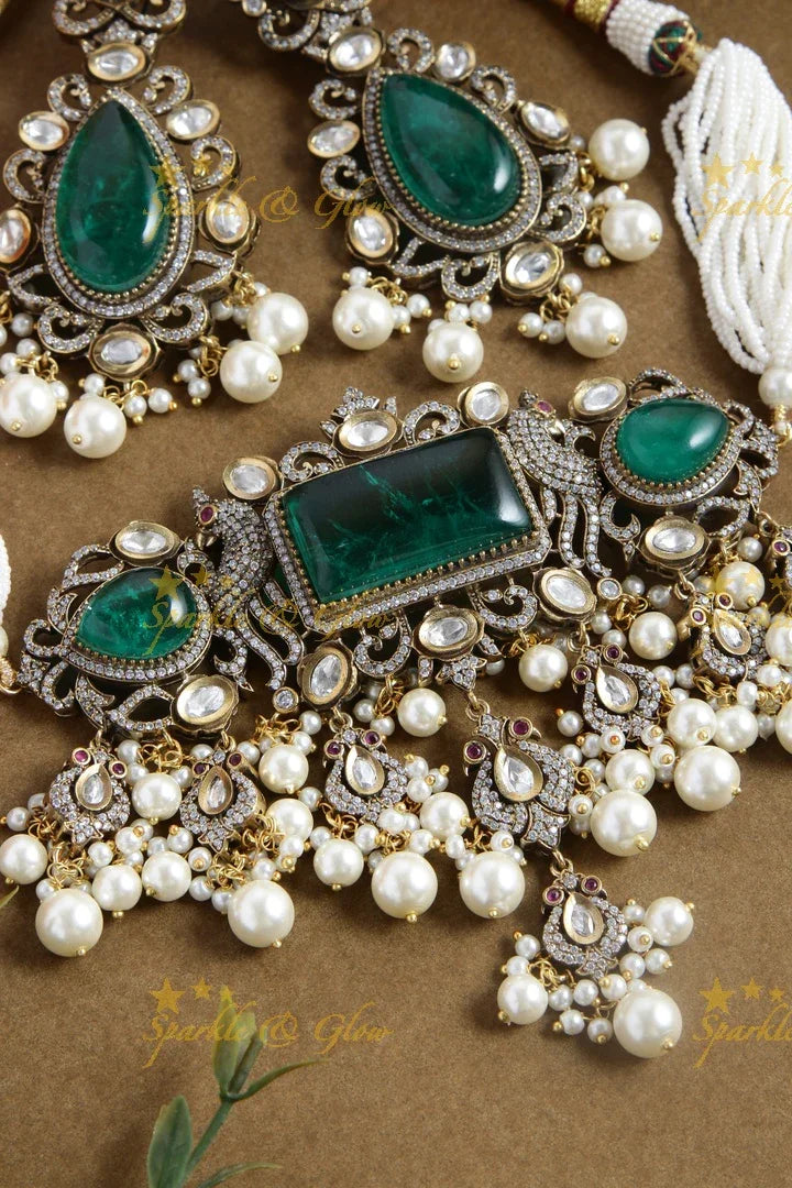 Stunning Natutal Stone Peacock Victorian AD Pearl choker - Green - Sparkle and Glow