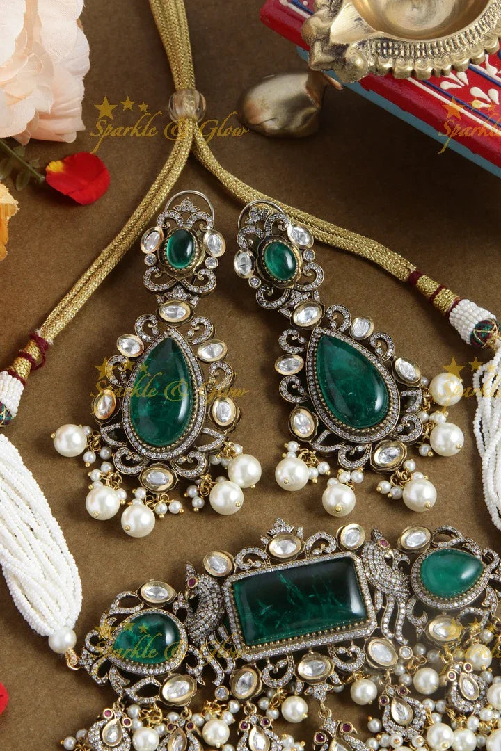 Stunning Natutal Stone Peacock Victorian AD Pearl choker - Green - Sparkle and Glow