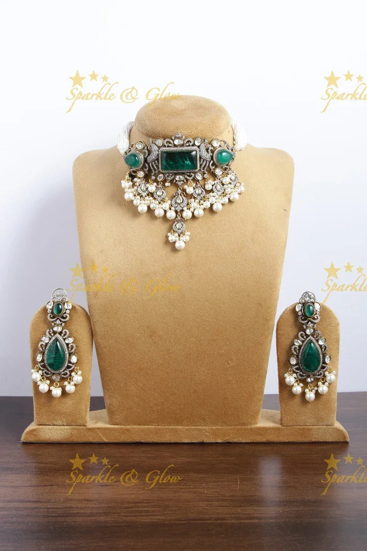Stunning Natutal Stone Peacock Victorian AD Pearl choker - Green - Sparkle and Glow