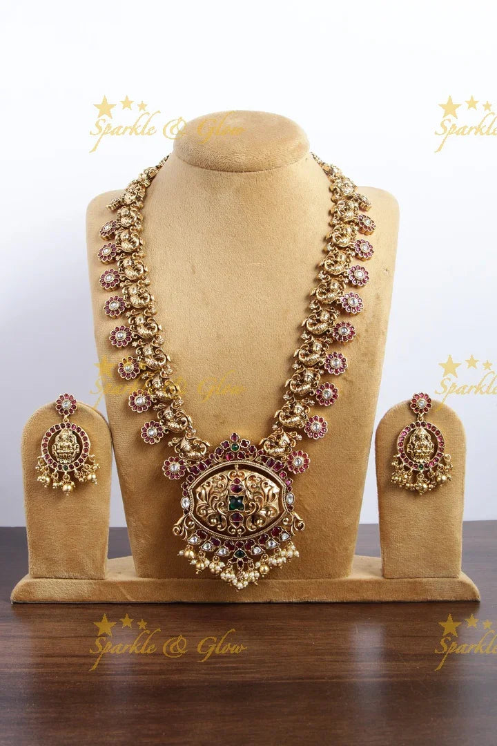 Gold alike floral bottu peacock haram with two sided pendent - Sparkle and Glow