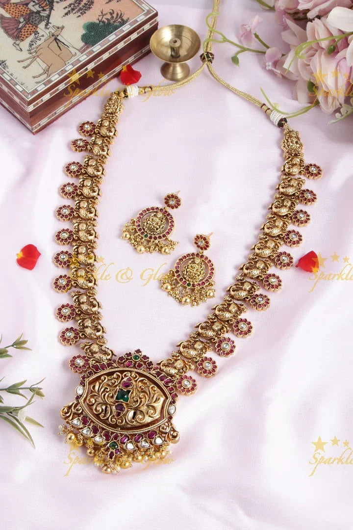 Gold alike floral bottu peacock haram with two sided pendent - Sparkle and Glow