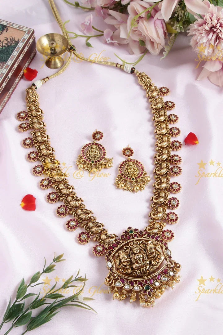 Gold alike floral bottu peacock haram with two sided pendent - Sparkle and Glow