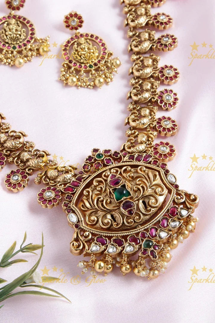 Gold alike floral bottu peacock haram with two sided pendent - Sparkle and Glow