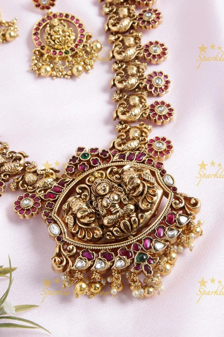 Gold alike floral bottu peacock haram with two sided pendent - Sparkle and Glow