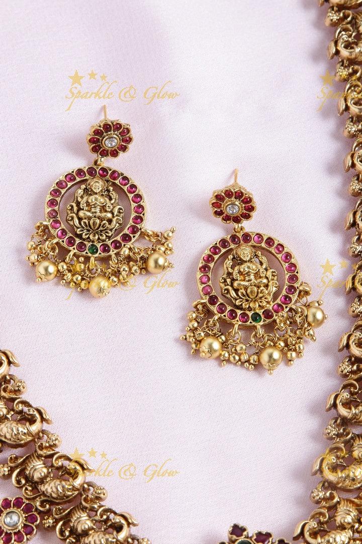 Gold alike floral bottu peacock haram with two sided pendent - Sparkle and Glow