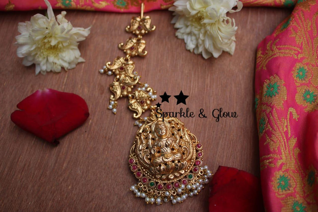 Lakshmi gold alike maangthika with pearl drops and kemp stones - Sparkle and Glow