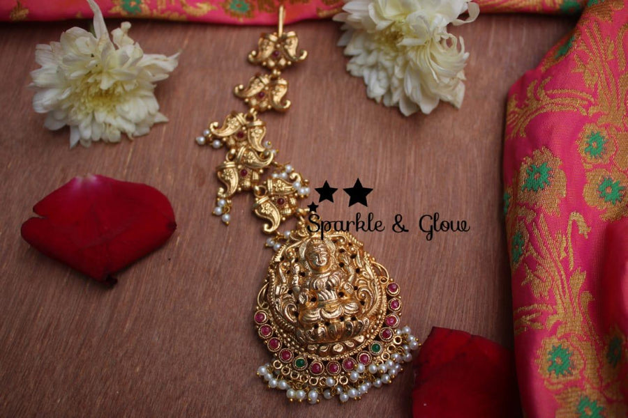 Lakshmi gold alike maangthika with pearl drops and kemp stones - Sparkle and Glow