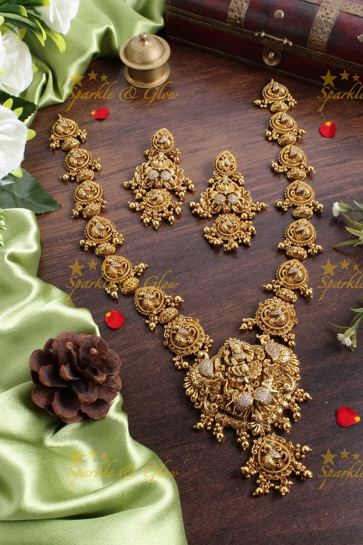 Elegant Gold alike Lakshmi peacock carved haram - Sparkle and Glow