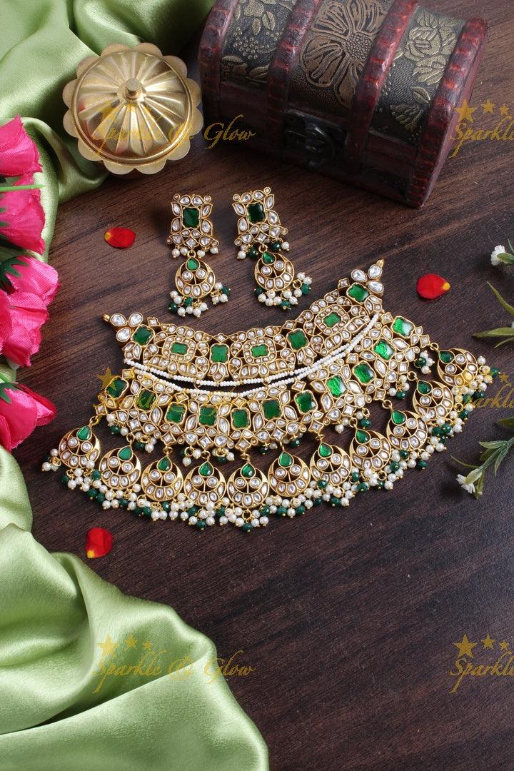 Stunning Jadau Floral Bridal Choker with green beads - White - Sparkle and Glow
