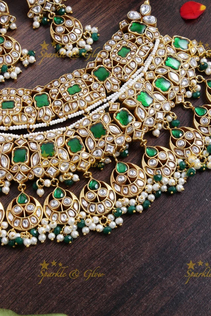Stunning Jadau Floral Bridal Choker with green beads - White - Sparkle and Glow