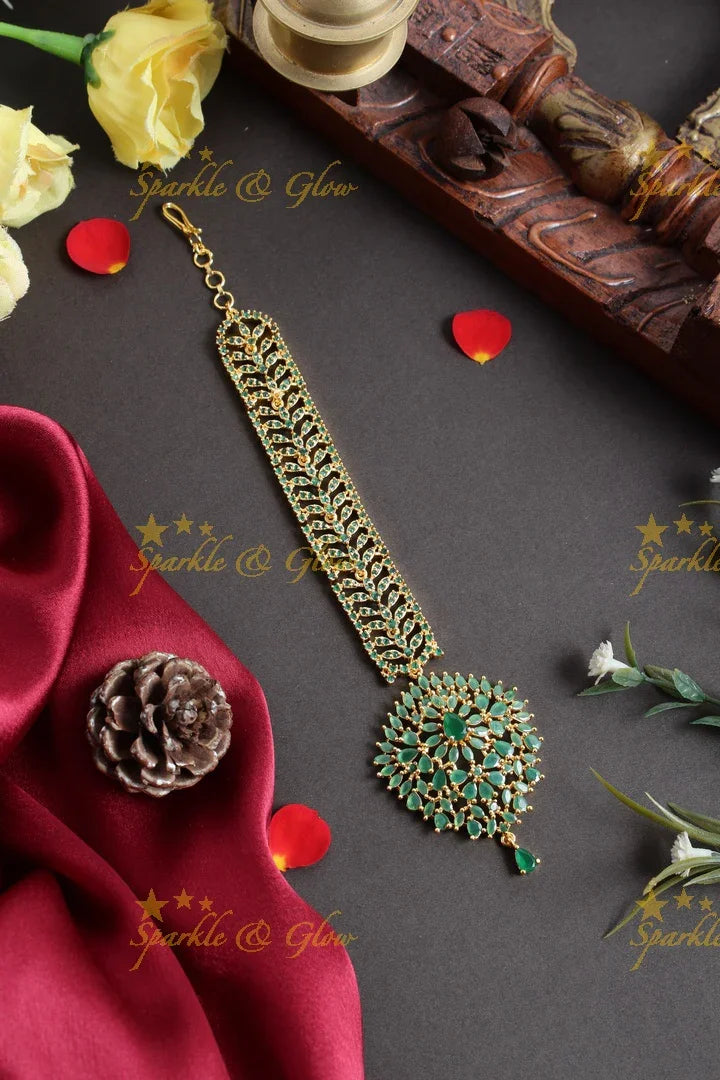 Statement AD Emerald Single line maangtikka - Sparkle and Glow