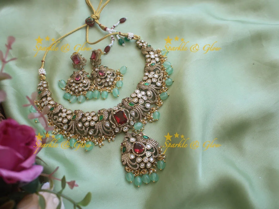 Beautiful Peacock Victorian AD necklace with pastel green beads - Sparkle and Glow