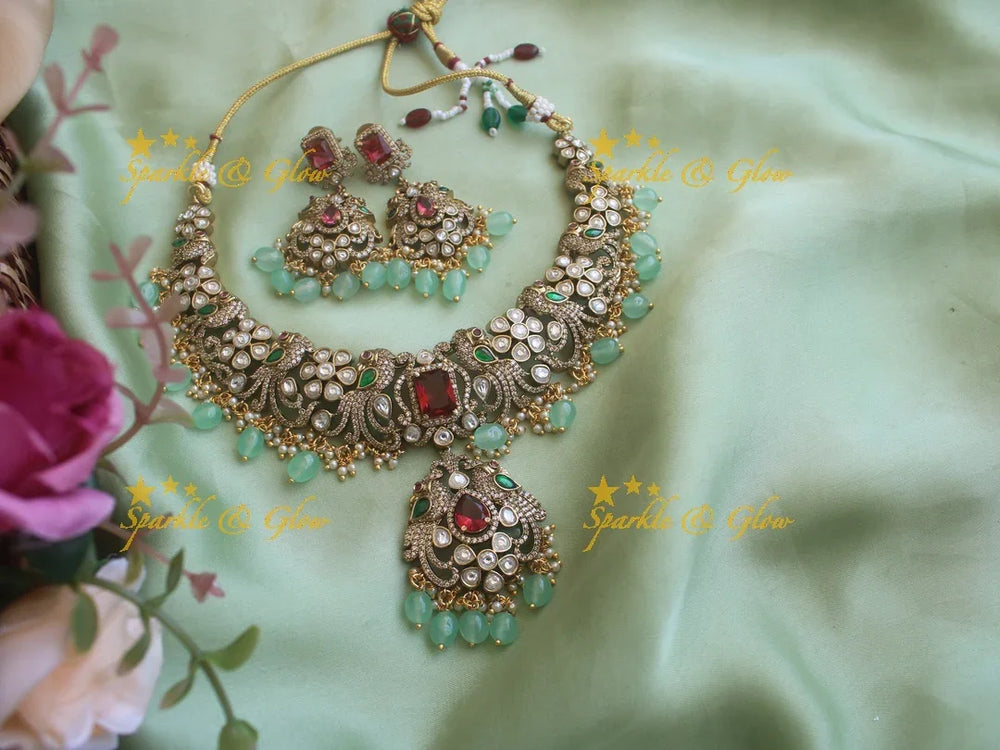 Beautiful Peacock Victorian AD necklace with pastel green beads - Sparkle and Glow