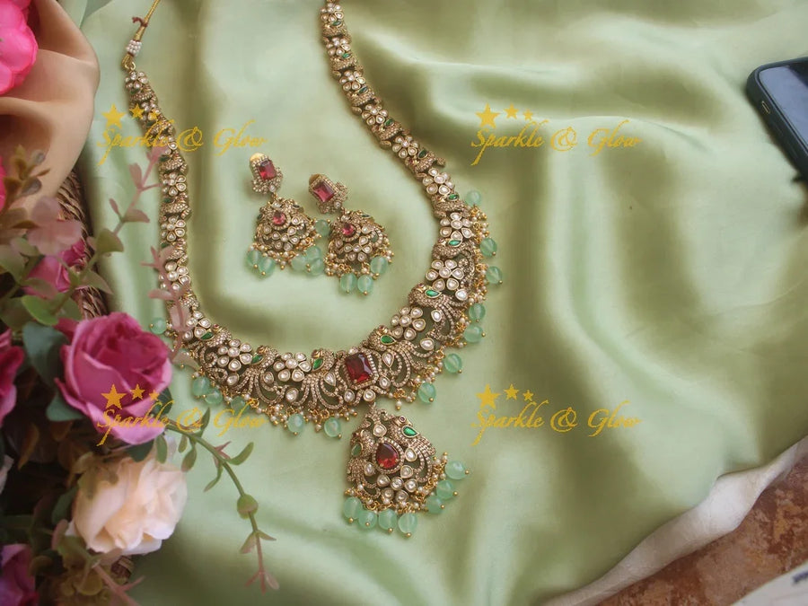 Stunning Victorian AD Peacock haram with mint Green Beads - Multi - Sparkle and Glow