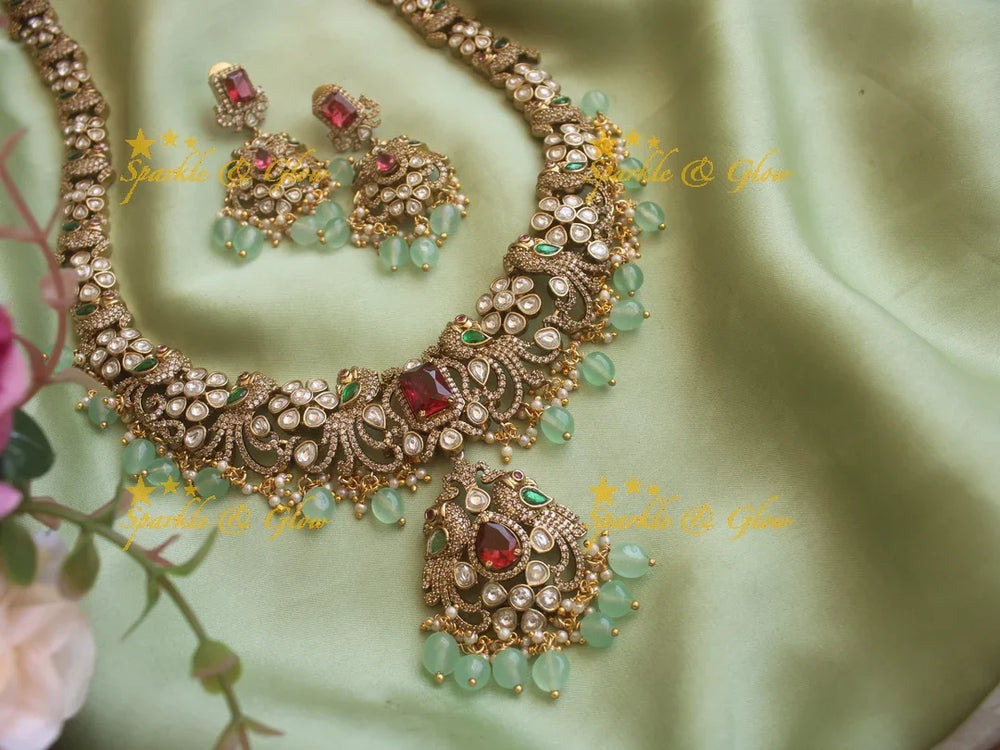 Stunning Victorian AD Peacock haram with mint Green Beads - Multi - Sparkle and Glow