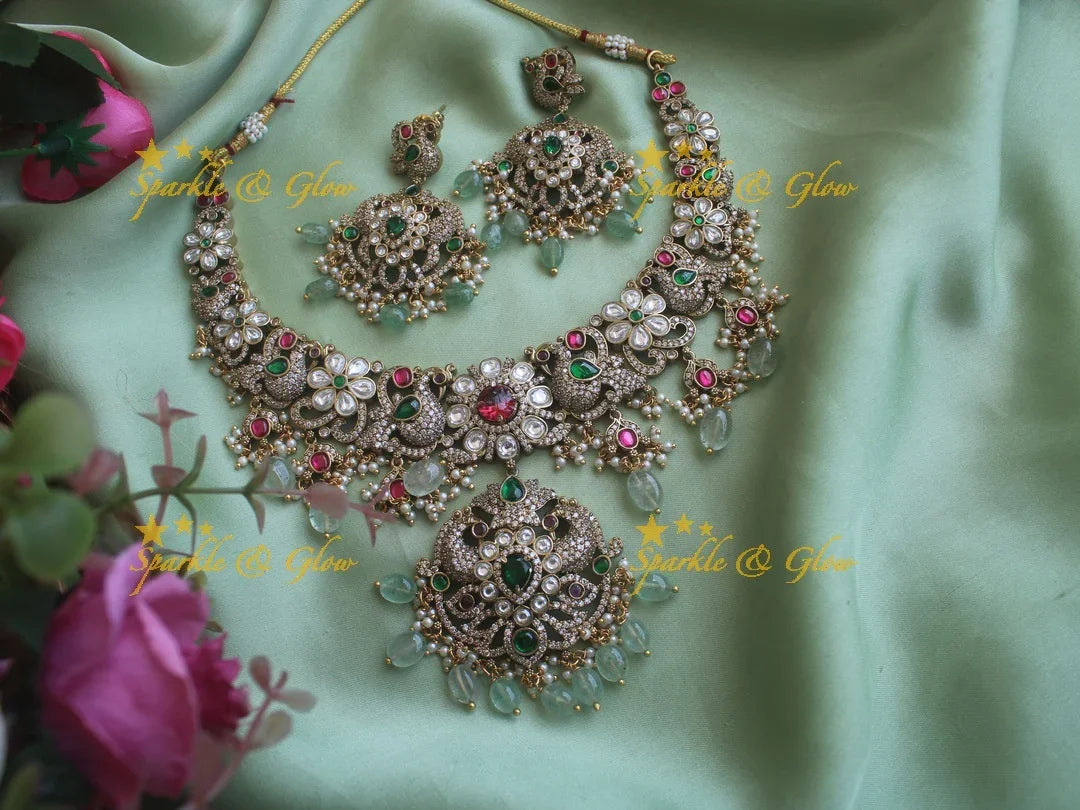 Stunning Victorian AD Peacock and floral short necklace with mint Green Beads - Sparkle and Glow