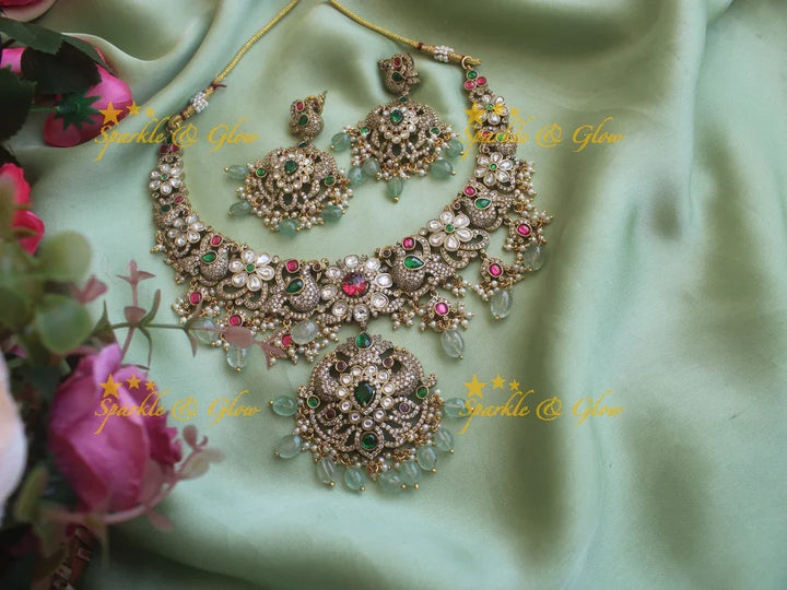 Stunning Victorian AD Peacock and floral short necklace with mint Green Beads - Sparkle and Glow