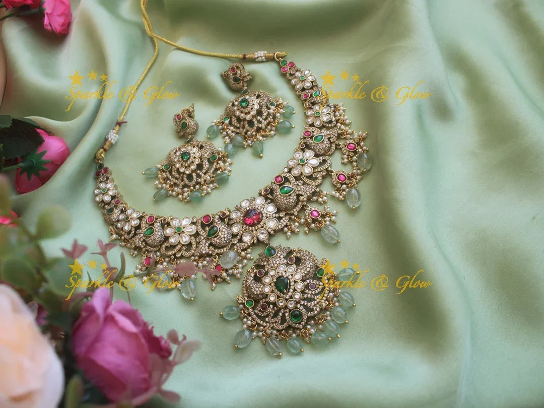 Stunning Victorian AD Peacock and floral short necklace with mint Green Beads - Sparkle and Glow
