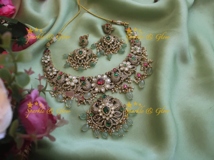 Stunning Victorian AD Peacock and floral short necklace with mint Green Beads - Sparkle and Glow