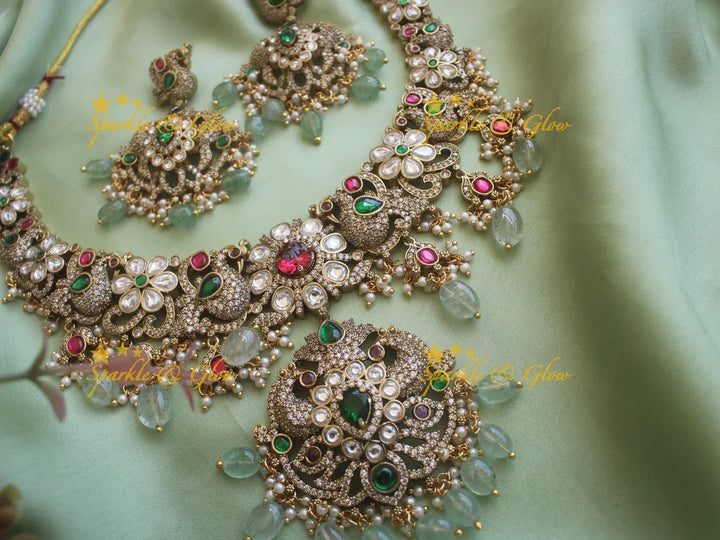 Stunning Victorian AD Peacock and floral short necklace with mint Green Beads - Sparkle and Glow