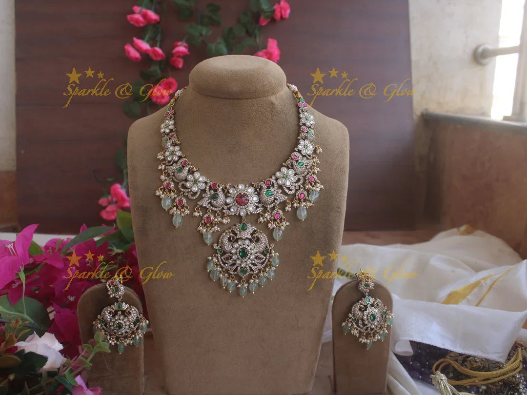 Stunning Victorian AD Peacock and floral short necklace with mint Green Beads - Sparkle and Glow