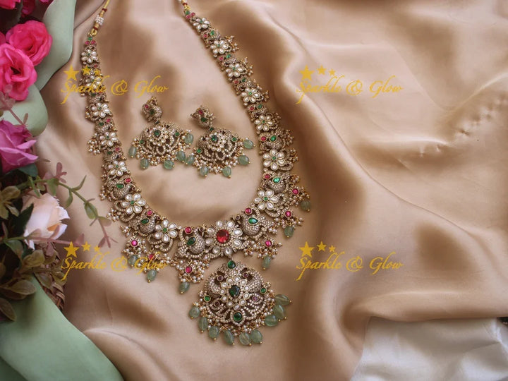 Stunning Victorian AD Peacock and floral haram with mint Green Beads - Sparkle and Glow