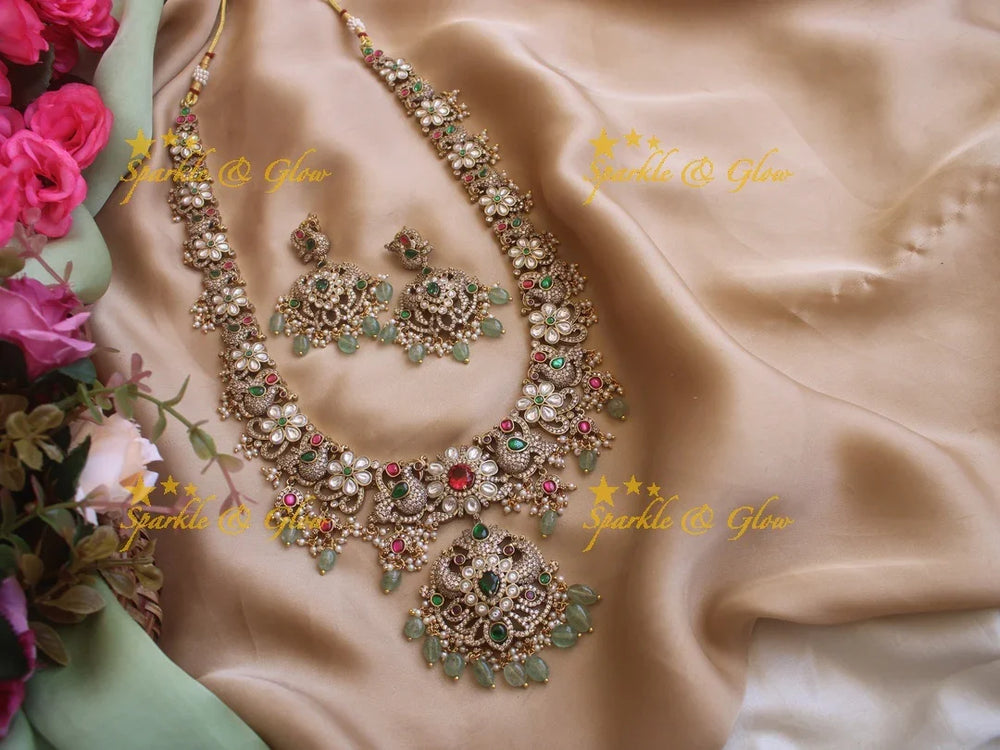 Stunning Victorian AD Peacock and floral haram with mint Green Beads - Sparkle and Glow