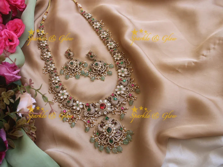 Stunning Victorian AD Peacock and floral haram with mint Green Beads - Sparkle and Glow