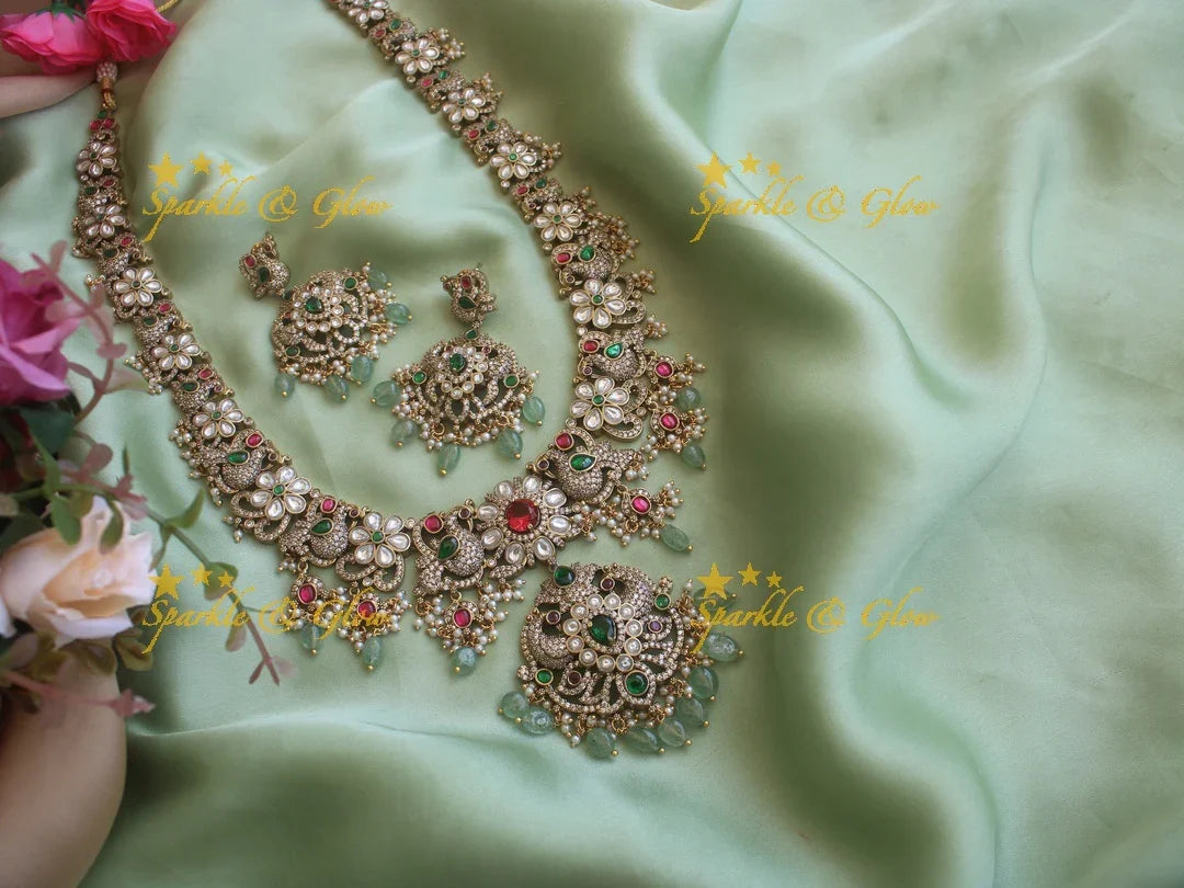 Stunning Victorian AD Peacock and floral haram with mint Green Beads - Sparkle and Glow