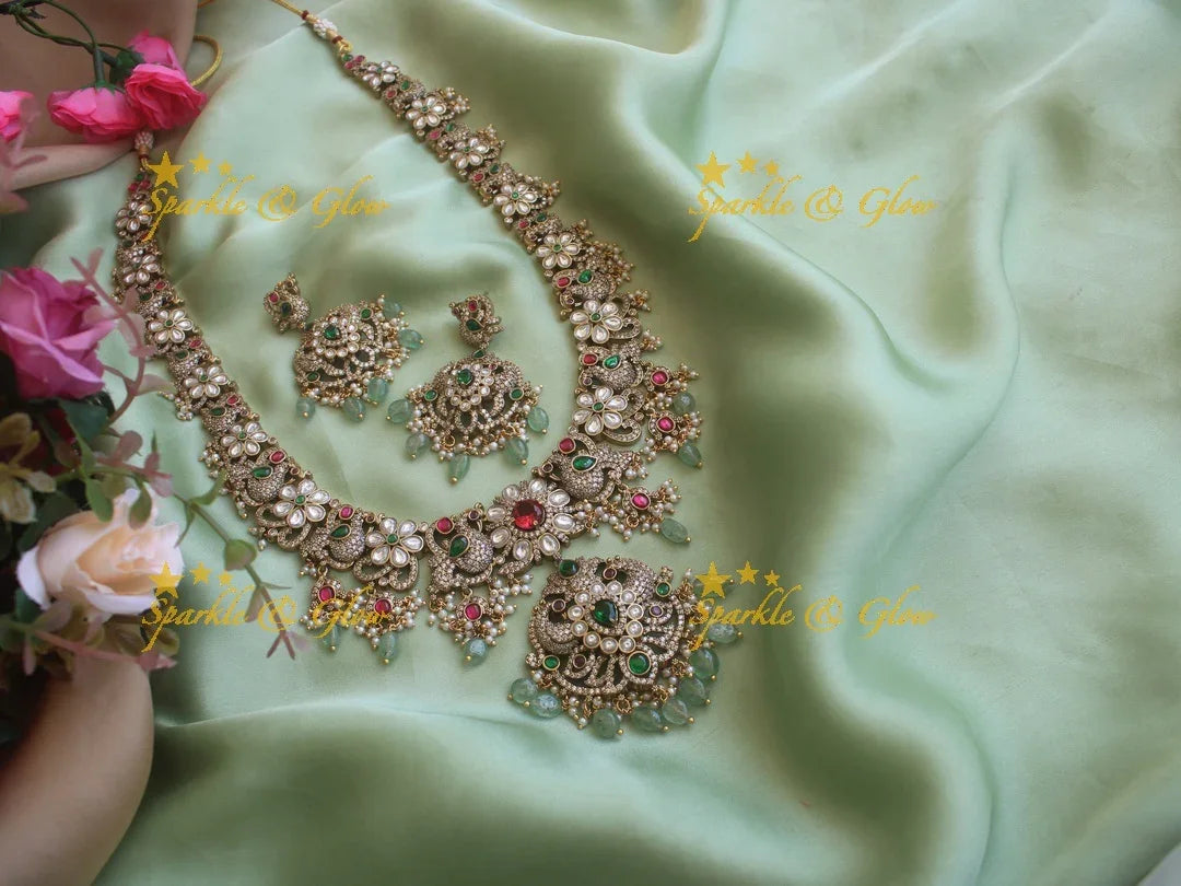 Stunning Victorian AD Peacock and floral haram with mint Green Beads - Sparkle and Glow