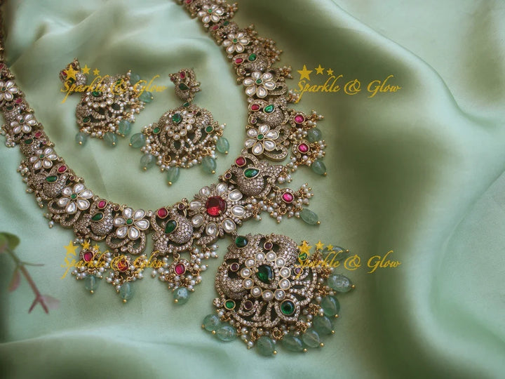Stunning Victorian AD Peacock and floral haram with mint Green Beads - Sparkle and Glow