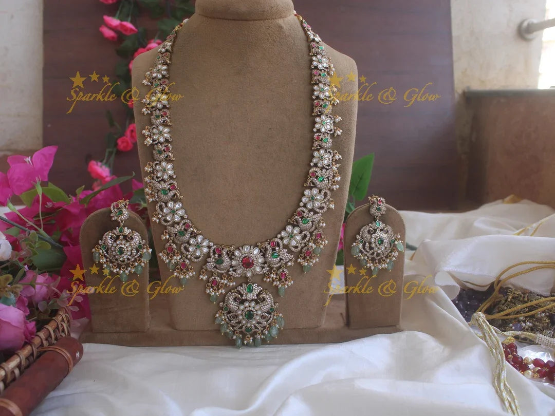 Stunning Victorian AD Peacock and floral haram with mint Green Beads - Sparkle and Glow