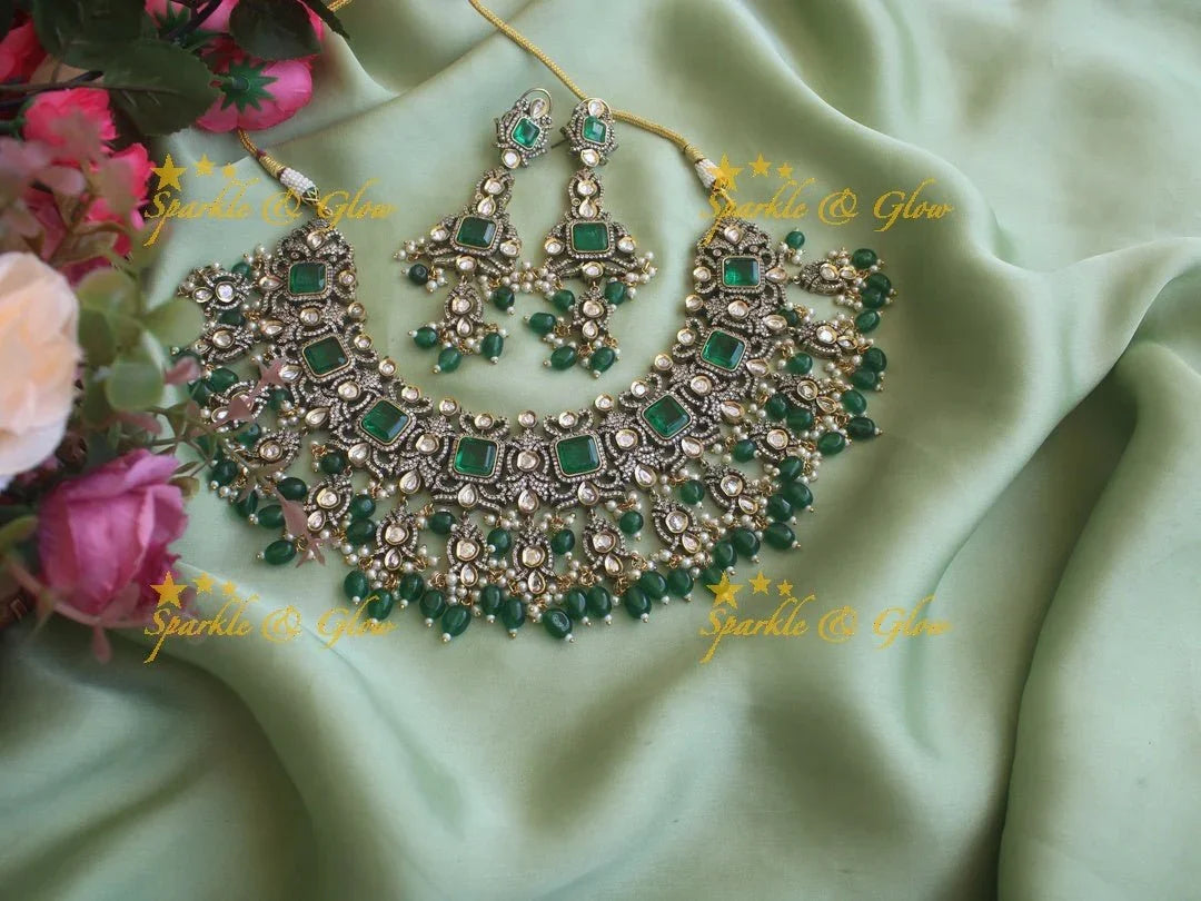 Goegeous Floral design victorian AD short necklace with stones and beads - mint green - Sparkle and Glow