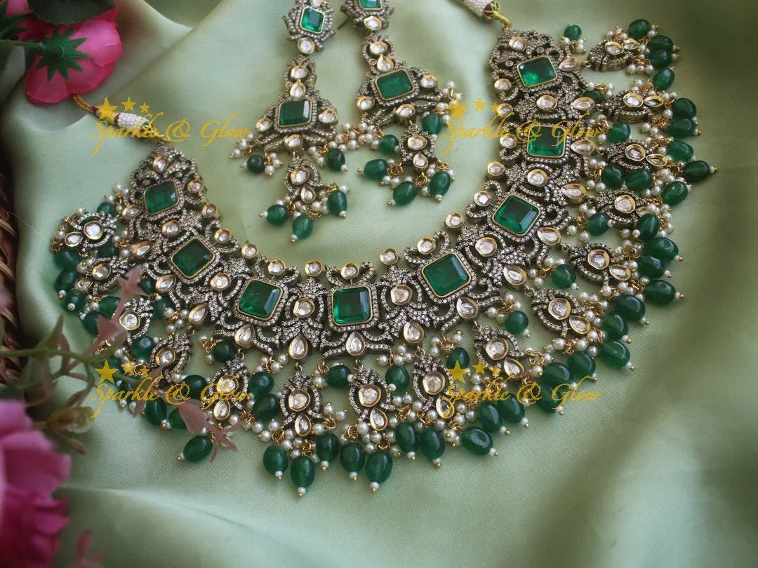 Goegeous Floral design victorian AD short necklace with stones and beads - mint green - Sparkle and Glow