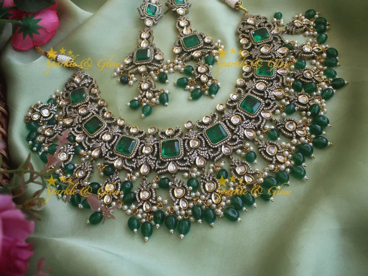 Goegeous Floral design victorian AD short necklace with stones and beads - mint green - Sparkle and Glow