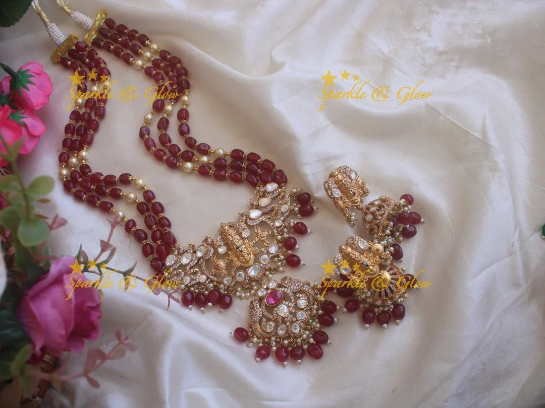 Victorian Tirupati Balaji carved beaded haram - Blue - Sparkle and Glow