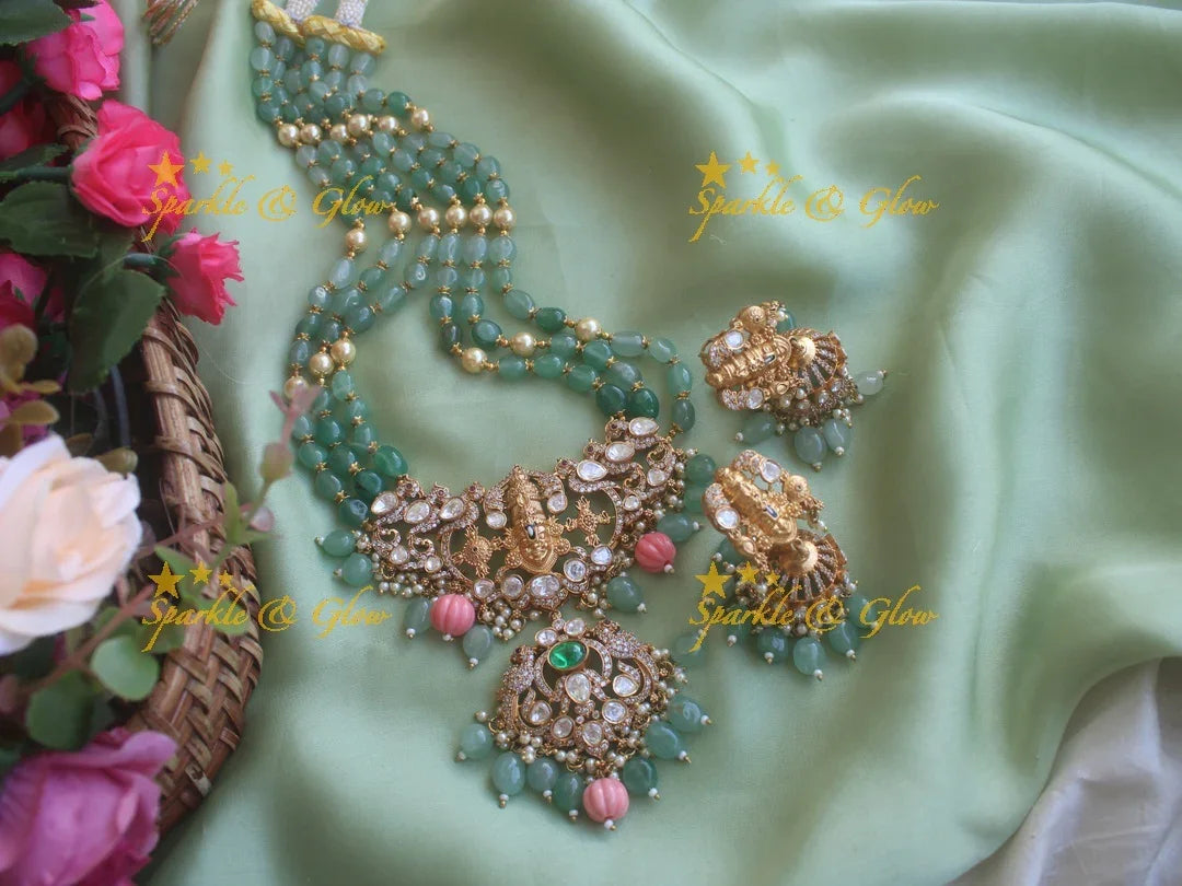 Victorian Tirupati Balaji carved beaded haram - Blue - Sparkle and Glow