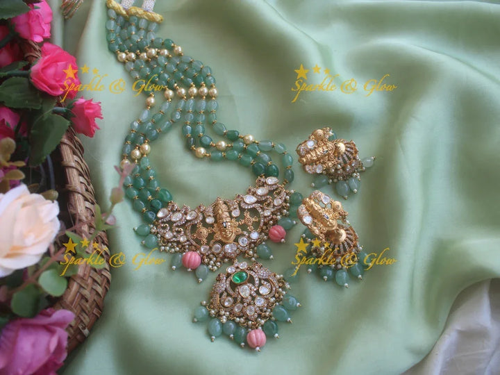 Victorian Tirupati Balaji carved beaded haram - Blue - Sparkle and Glow