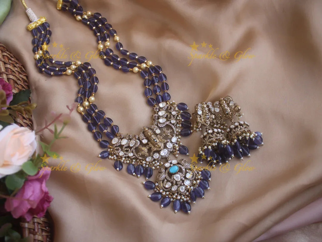 Victorian Tirupati Balaji carved beaded haram - Blue - Sparkle and Glow