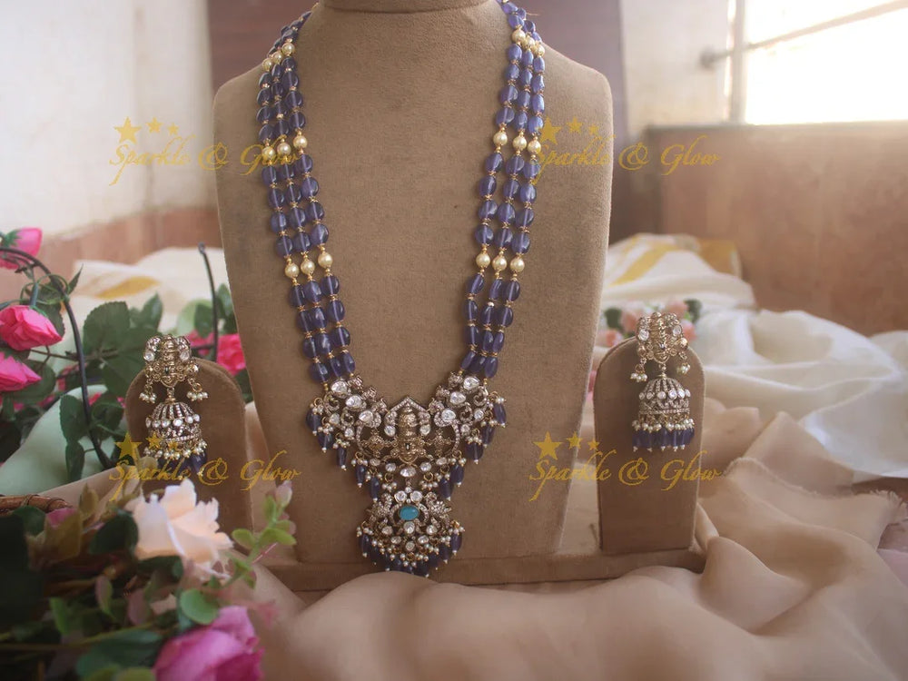 Victorian Tirupati Balaji carved beaded haram - Blue - Sparkle and Glow