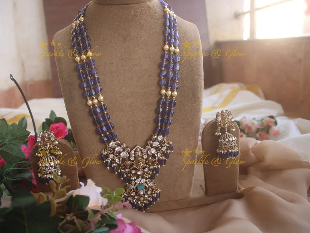 Victorian Tirupati Balaji carved beaded haram - Blue - Sparkle and Glow