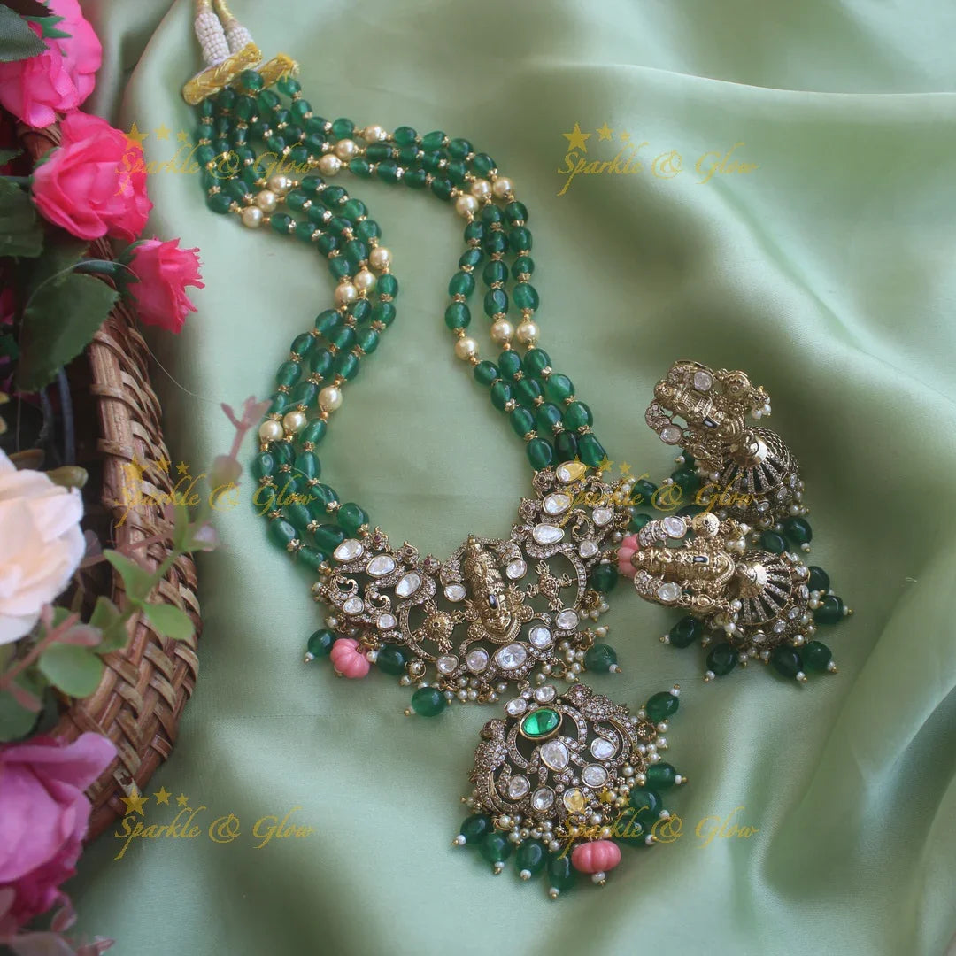 Victorian Tirupati Balaji carved beaded haram - Blue - Sparkle and Glow