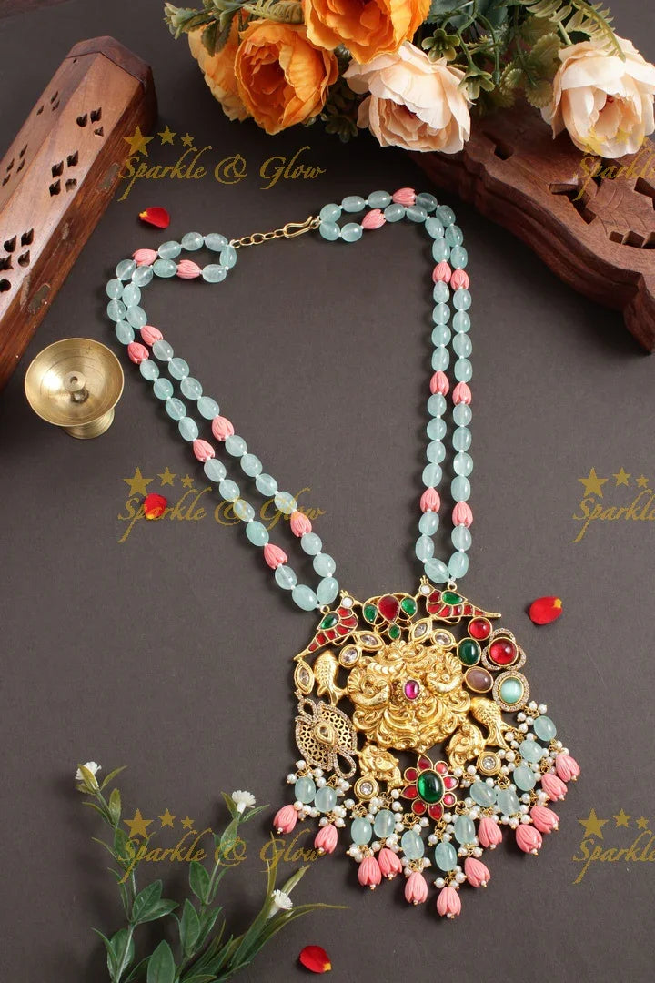Beautiful light blue and pink beads Jadau pendnet chain - Sparkle and Glow