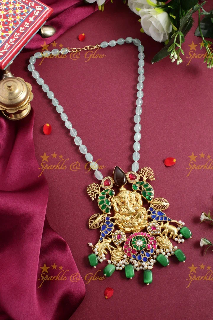 Beautiful light blue and Green beads Jadau Ganesha pendnet chain - Sparkle and Glow